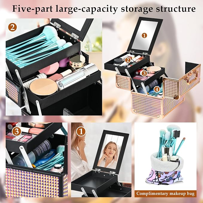 Makeup Case Organizer, Makeup Train Case, Trays Cosmetic Box Portable,