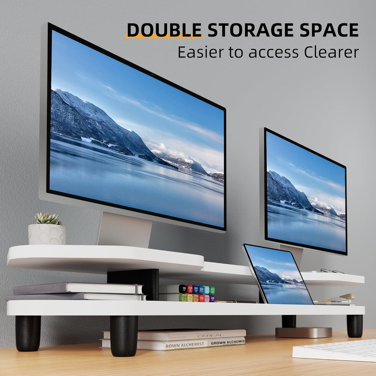 2 Tier Dual Monitor Stand Riser,Wider Board Computer Monitor Stand for 2 Monitors,Slot For Phone/Tablet Office Desktop Organizer for Laptop,PC,Computer,Printer,White