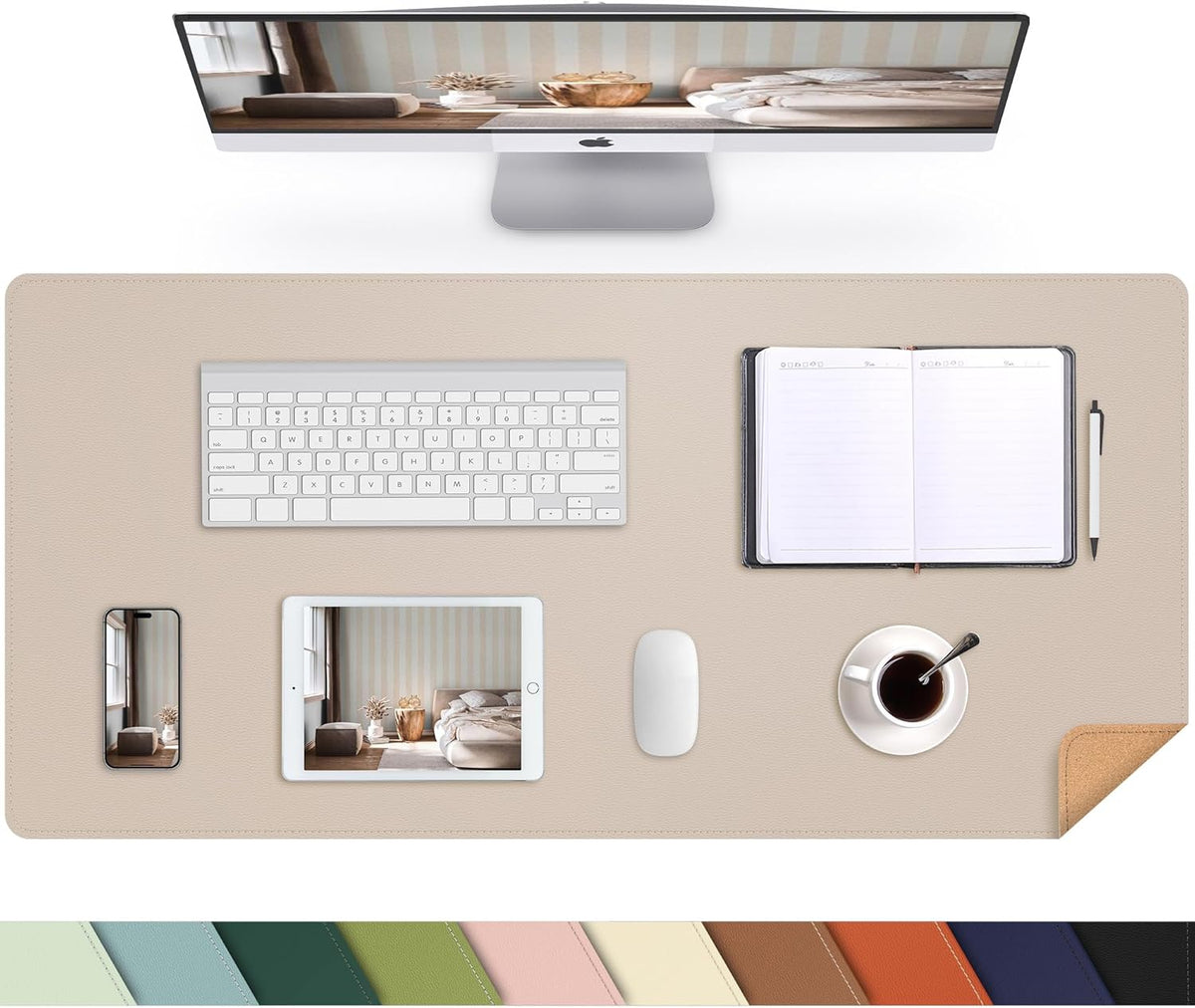 AFIING Leather Desk pad Protector, Large Non-Slip Office Desk Mat with Natural Cork & PU Leather, Waterproof Writing Mouse Pad for Office and Home (23.6in*13.7in, Beige)