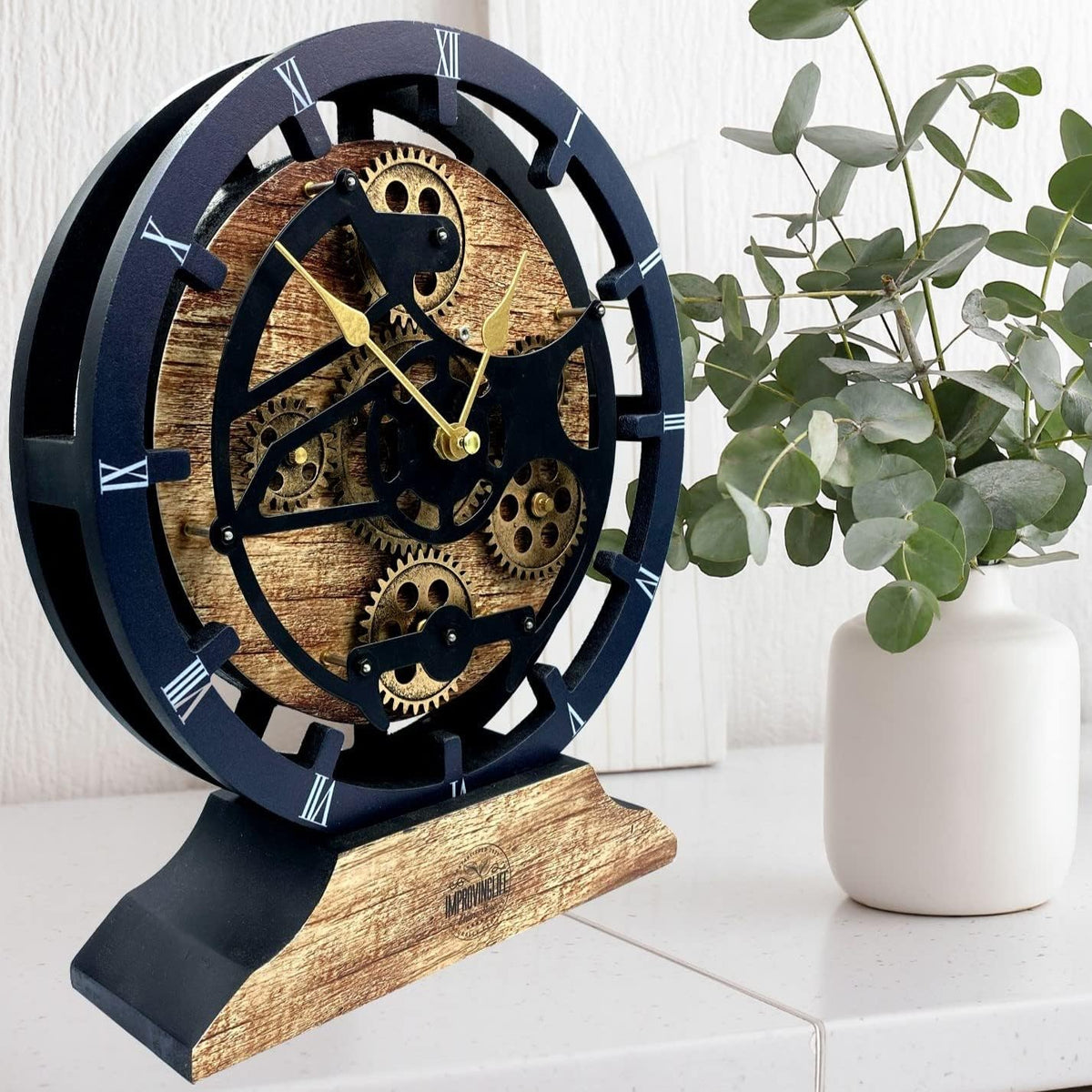 The Gears Clock Desk Clock 10 inches with Real Moving Gears Convertible into Wall Clock (Vintage Brown)