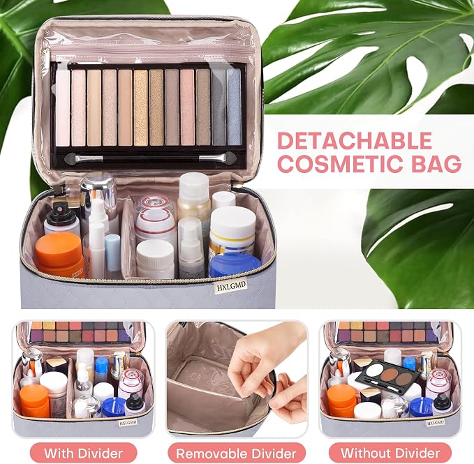 Large Makeup Bag with Mirror Double Layer Travel Make Up Organizer Case