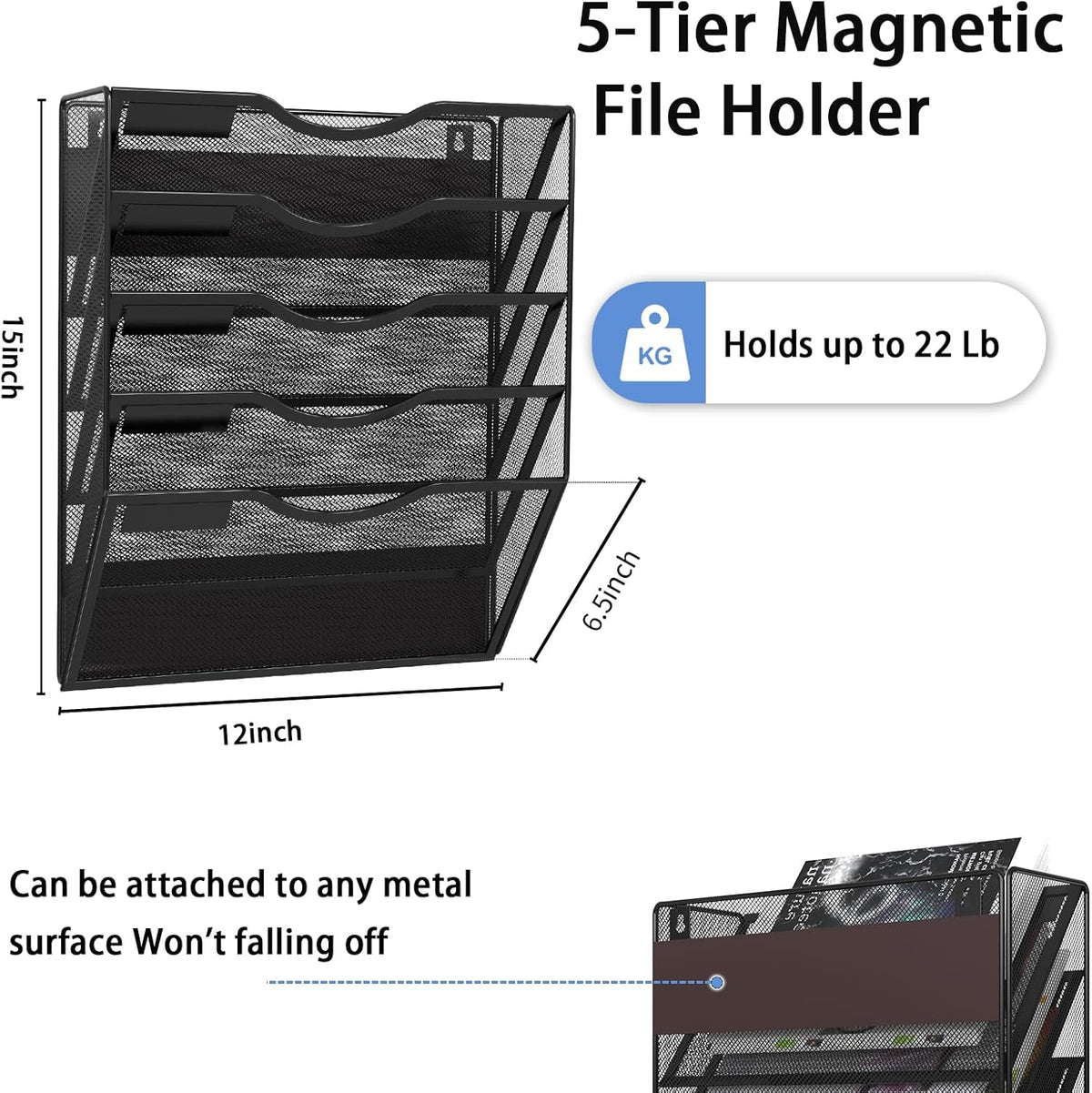 5-Tier Magnetic File Holder, No Drilling Installation File Cabinet Organizer, Black Magnetic File Organizer, Magazine Rack, Magnetic Paper Holder for Refrigerator, File Cabinets, Whiteboard