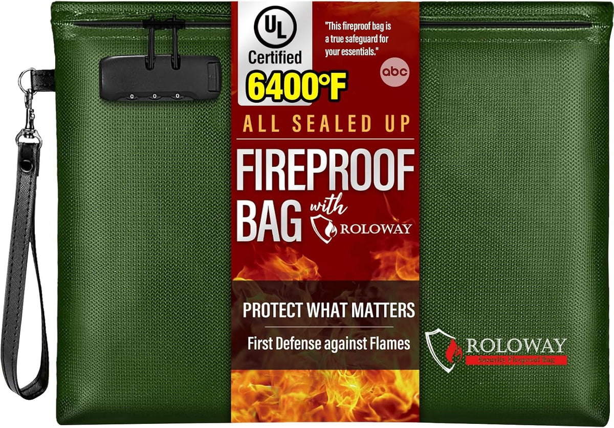 ROLOWAY Fireproof Document Bag (14.5 x 11.5 inch), 6400℉ Fireproof Money Bag with Zipper for Cash, Fire Safe Money Pouch with Lock (Green)