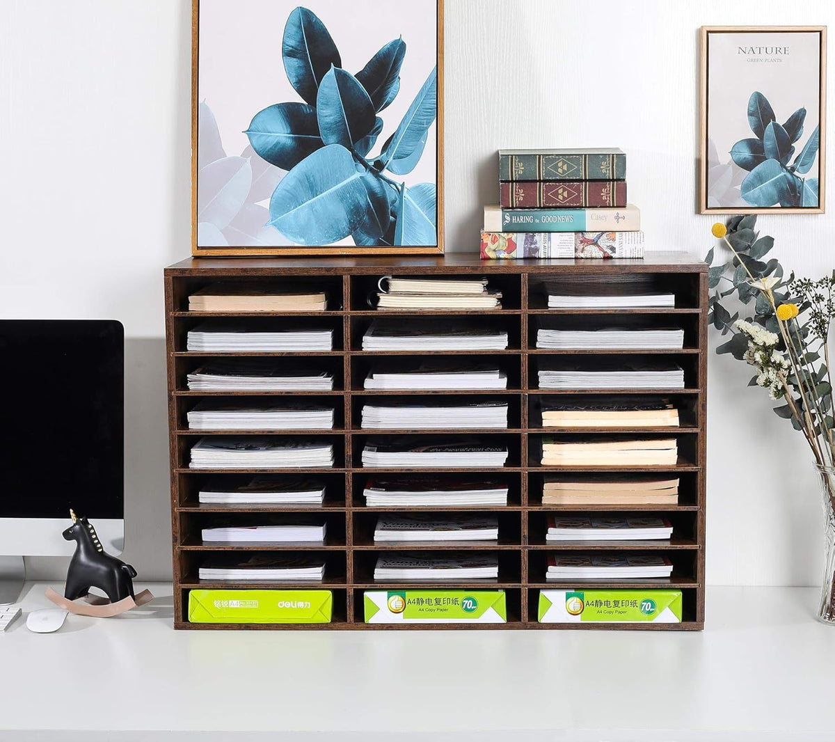 TQVAI Wood Adjustable Literature Organizer Desktop File Sorter Mail Center Paper Storage Cabinet Home & Office Mailbox School Classroom Keepers, 27 Slots Compartments, Archaize