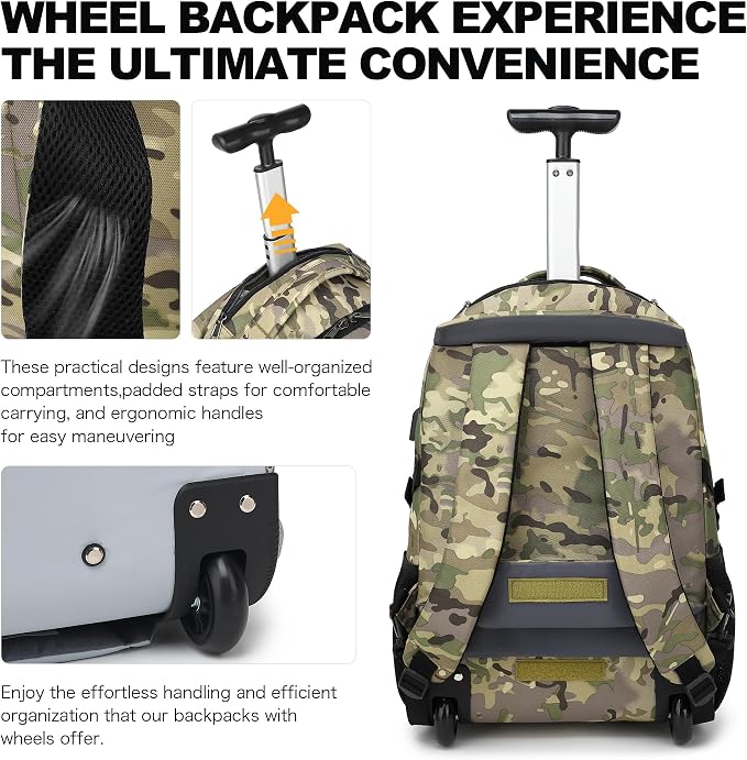 Boavan Rolling Backpack, 17 inch Water Resistant Wheeled Backpack, Carry on