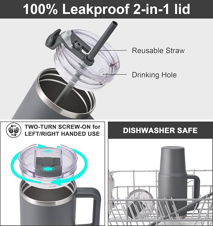 SUNWILL Coffee Tumbler with Handle, 20 oz Travel Mug with Lid and Straw Insulated, Stainless Steel Cup Leak Proof for Travel & Outdoor, Cupholder Friendly, Powder Coated Charcoal