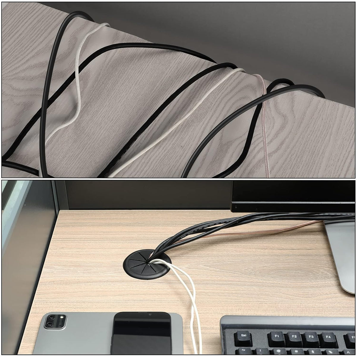 HYCC 2 Pack 2-3/8 Inch Flexible Desk Grommet,Organize Wires and Cables on Office Equipment, Computer Components, Entertainment Systems Effectively - Color: Black