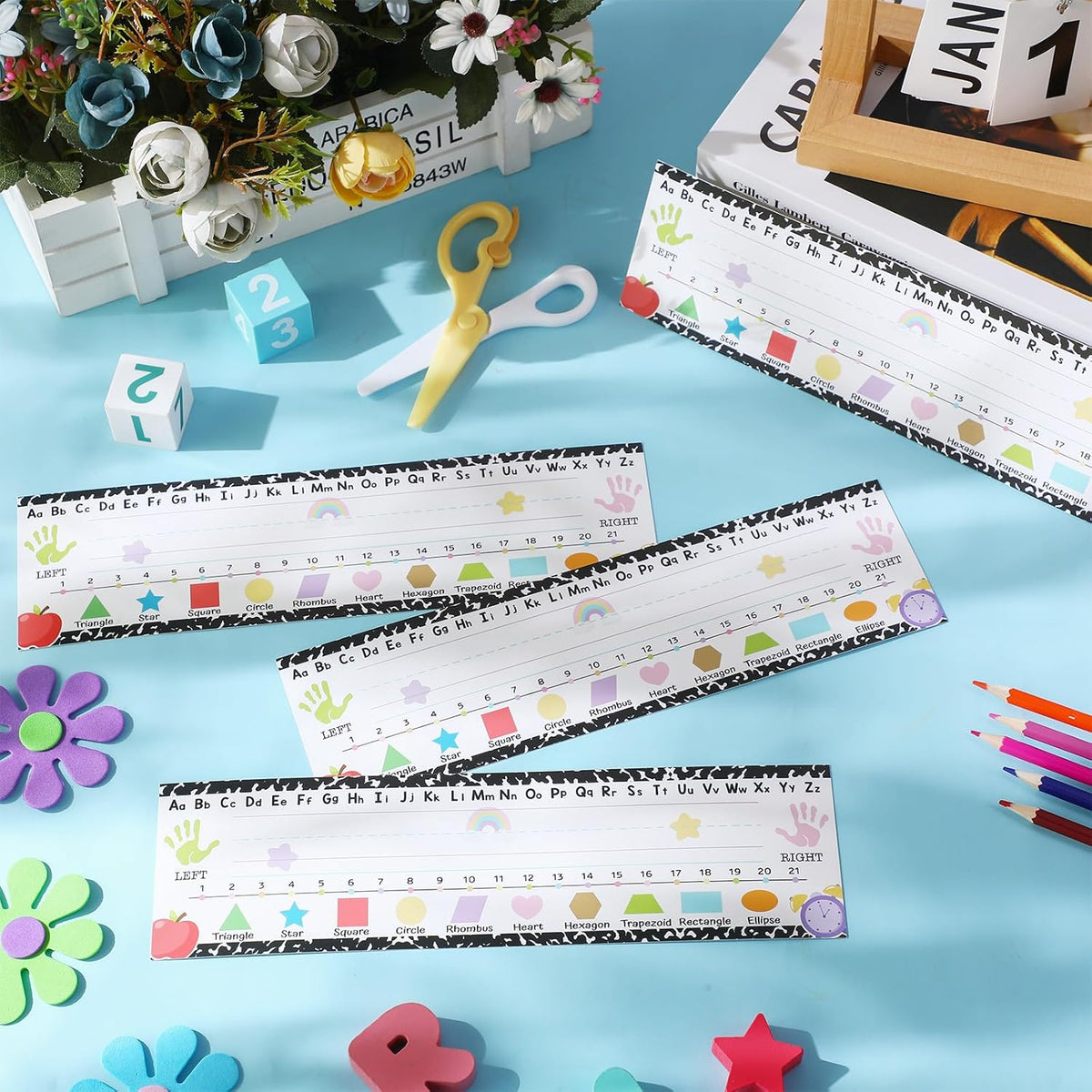 Outus 48 Pcs Name Tags Labels Cutouts Nameplate for Classroom School Name Tags with Alphabet Number Line for Desk ABC Decor Elementary Preschool Bulletin Board Decorations (Composition Notebook)