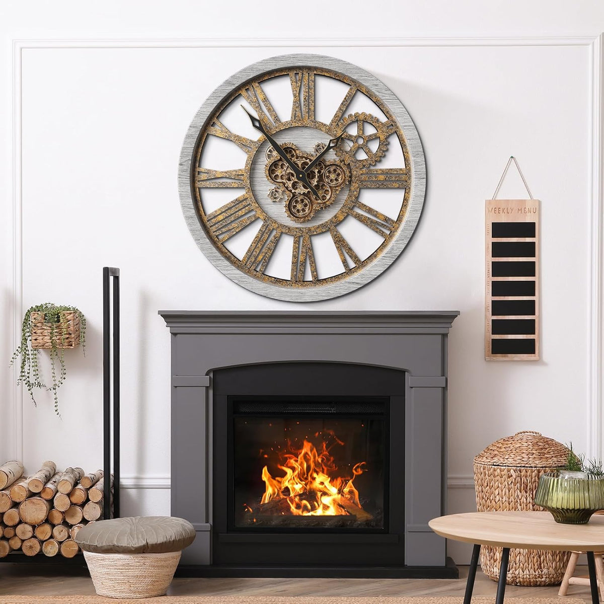 The B-Style Large Wall Clock 24 inch Moving Gear Wall Clock Oversized Vintage Farmhouse Wall Clocks for Living Room Decor Rustic Industrial Wood Clock (Silver Gray, 36 inch/90cm)