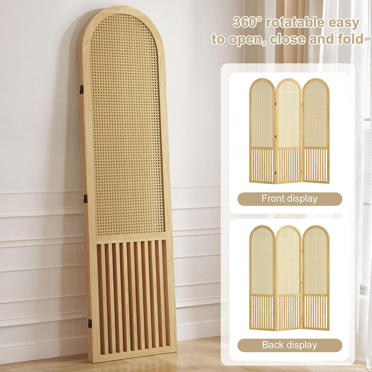 3-Panel Hand-Woven Rattan Room Divider, Tall Foldable Privacy Screen with Wooden Frame - Freestanding Portable Partition for Home Office, Bedroom, Bathroom(Natural-Pine)