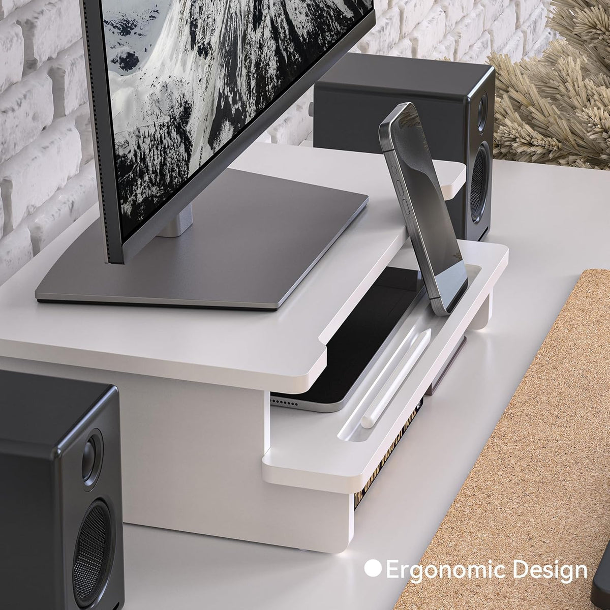 Monitor Stand Monitor Stand Riser for Desk,Wood Desk Shelf Storage Organizer with Phone Tablet Holder (16.5 Inch, White)