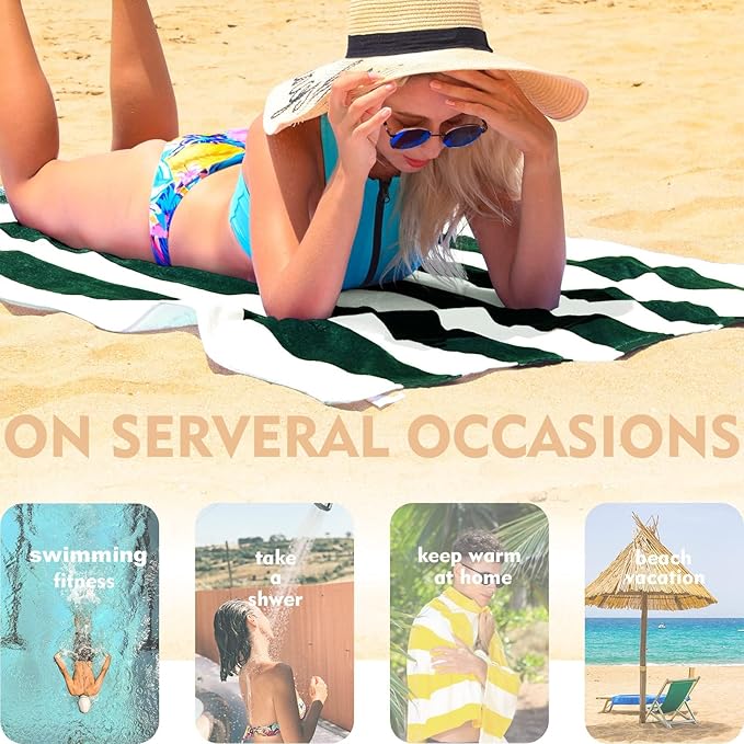 Exclusivo Mezcla 4 Pack Cotton Oversized 35x70 Inches Soft Cabana Stripe Thick Beach Towel, Super Absorbent Travel Bath Pool Towel (Forest Green)