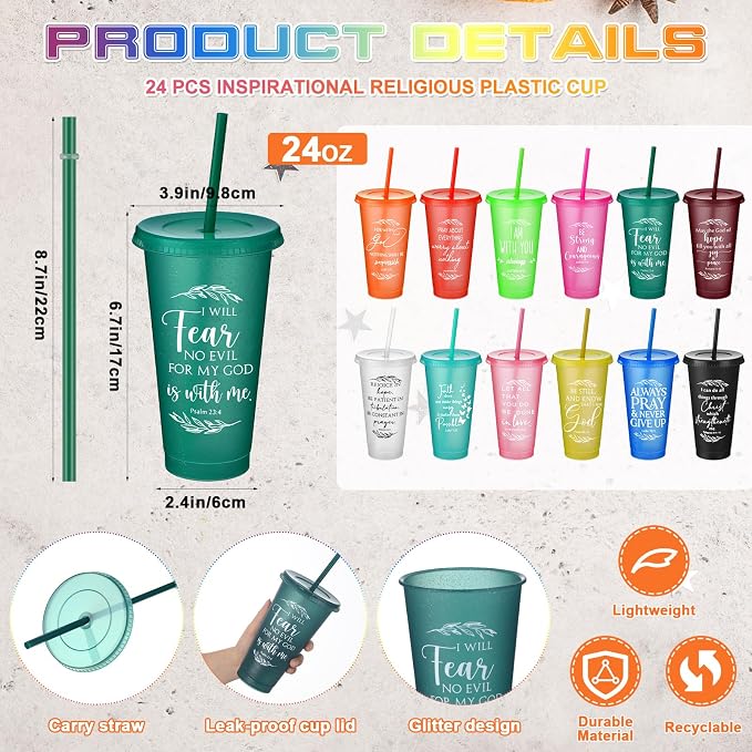 Havawish 24 Pcs Mothers Day Christian Tumbler Gift Bulk Religious Inspirational 24 oz Drinking Jesus Cup with Lid Straw Bible Verse Plastic Cup for Church Father Teacher First Communion (Colour)