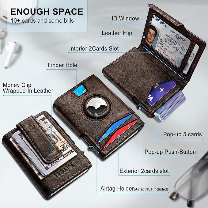 Airtag Wallet for Men, with Money Clip 10 Cards Metal Case Smart Slim Pop Up