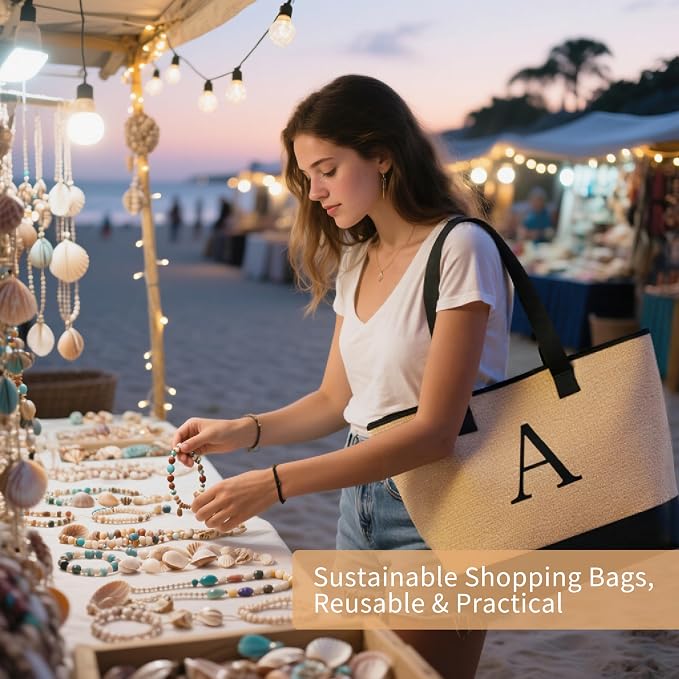 KALIDI Woven Tote Bag for Women, Lightweigh Monogram Beach Bag