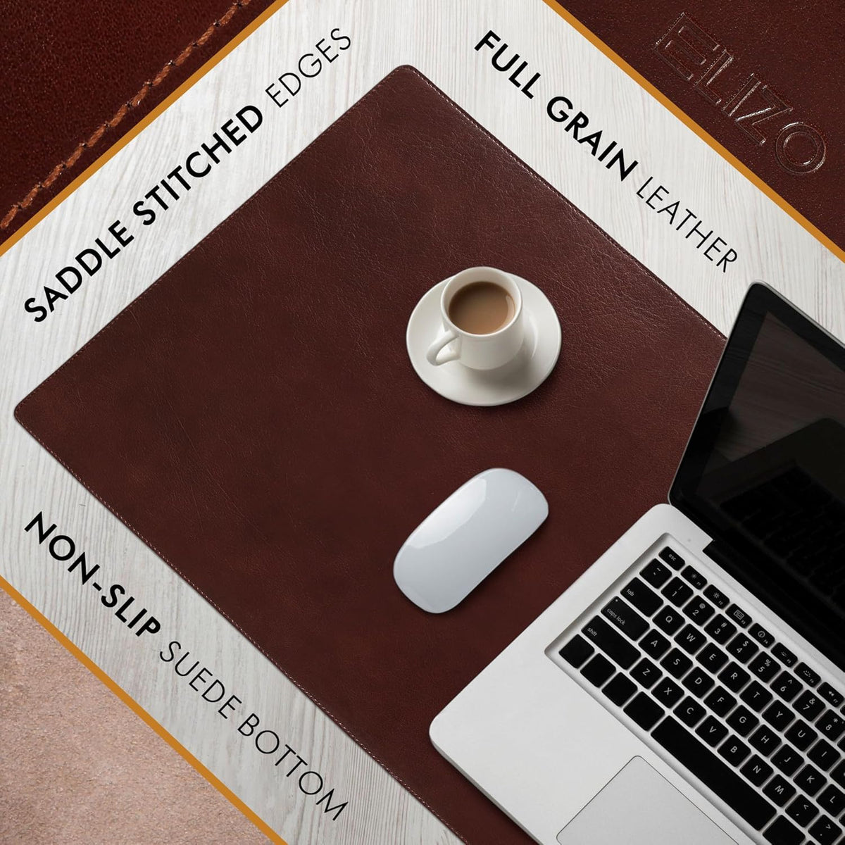 Elizo Leather Desk Mat Desk Pad Blotter Set - Real Full-Grain Leather (32x16) 2-Layer Genuine Desk Cover Protector & Large Mouse Pad | Computer Keyboard Desk Accessories for Office & Home