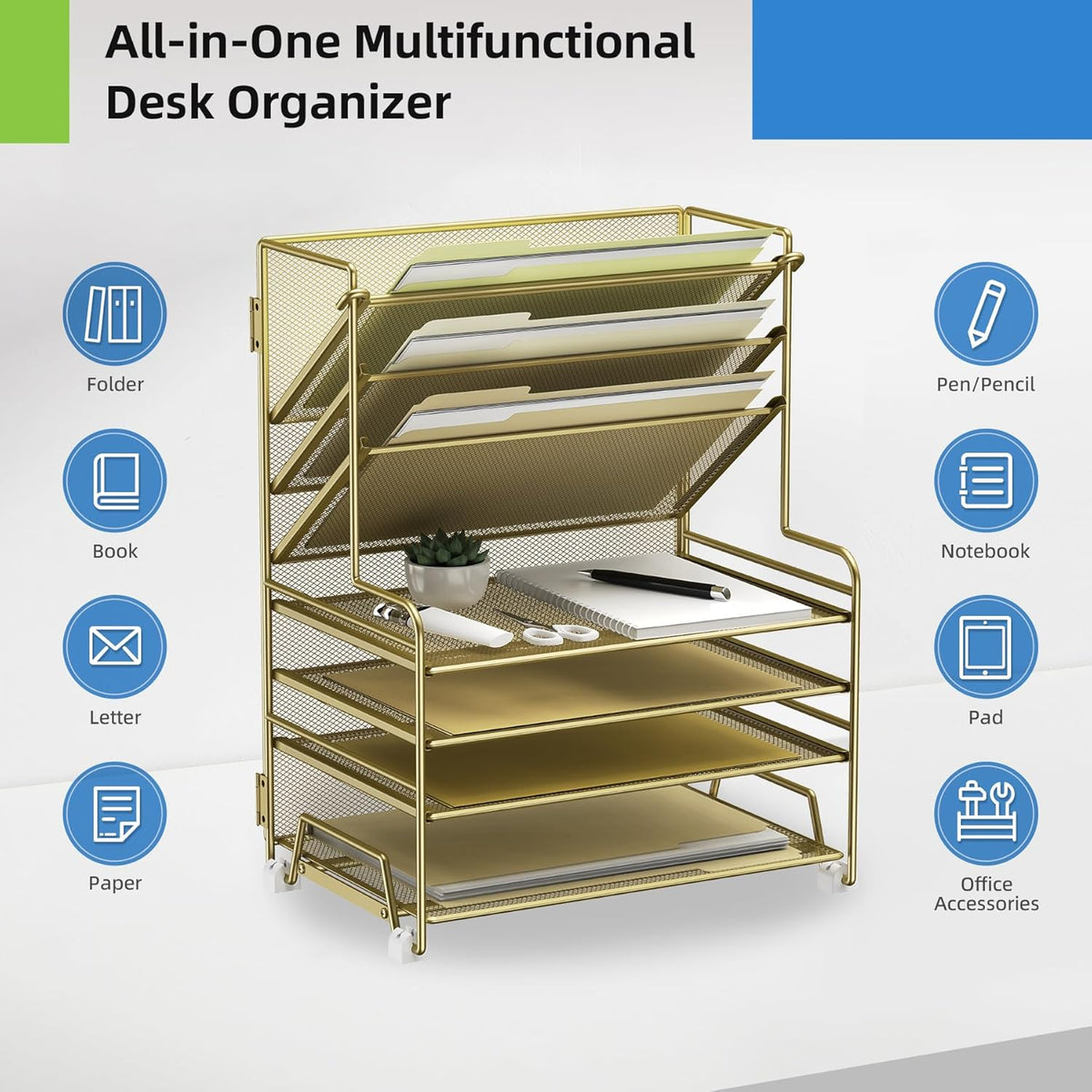 4-Tier Paper Organizer + 3-Pocket File Holder + Drawer + Pen Holders, Desktop File Organizers Paper Tray for Office Supplies School Classroom Organization (Gold, no Drawer & Pen Holder)
