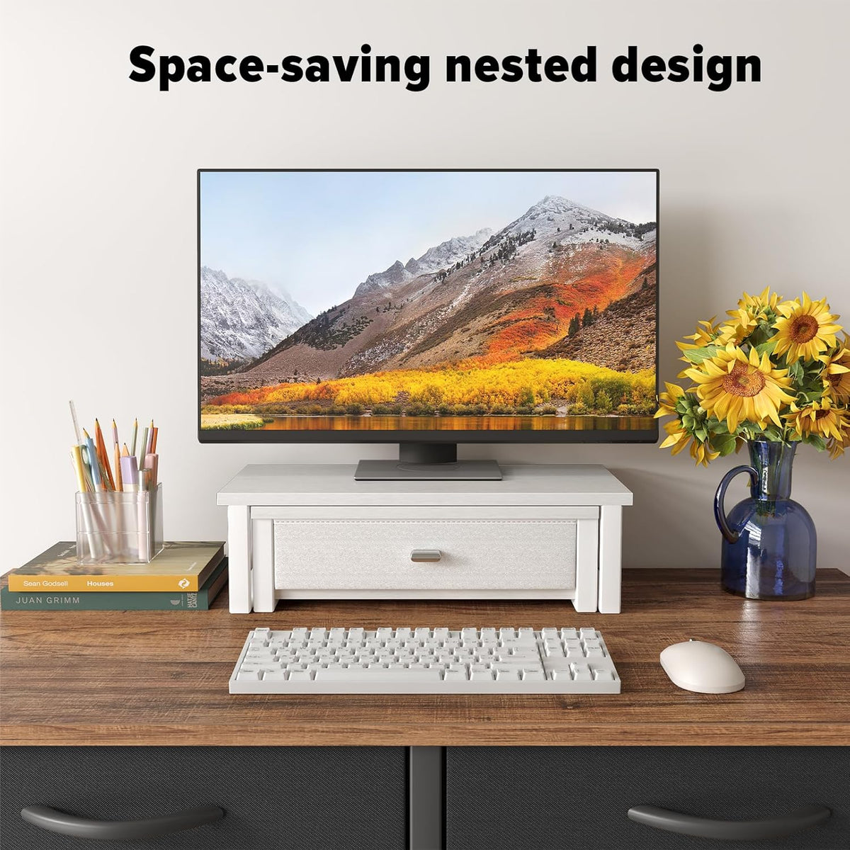 WOHOMO Dual Monitor Stand Riser with Drawers, Desk Organizers for 2 Monitors, Desktop Storage Stand for Computer,Laptop,White