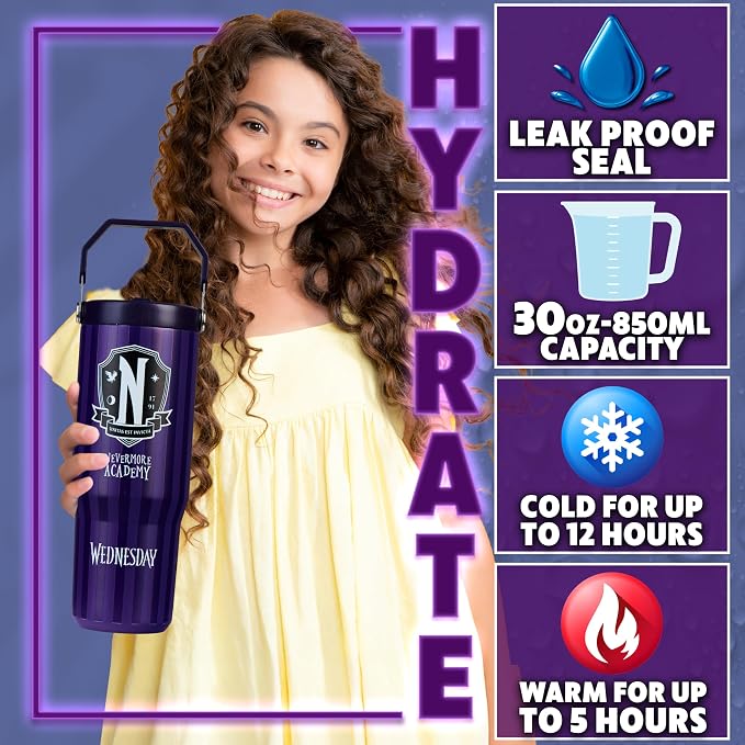 Get Trend Wednesday Tumbler with Straw 30oz Girls Teens Insulated Cup with Lid Handle Travel Mug Cups with Lids for School Sports Gifts for Girls (Purple Wednesday)