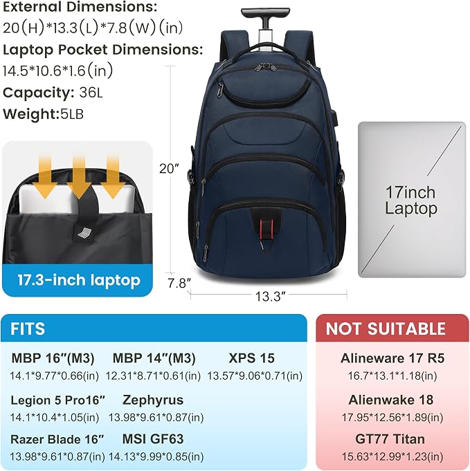Boavan Rolling Backpack, 17 inch Water Resistant Wheeled Backpack, Carry on