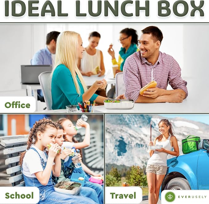 Everusely - Bento Box - Sage, 47oz / 1.4 L - Stainless Steel Lunch Box - 3