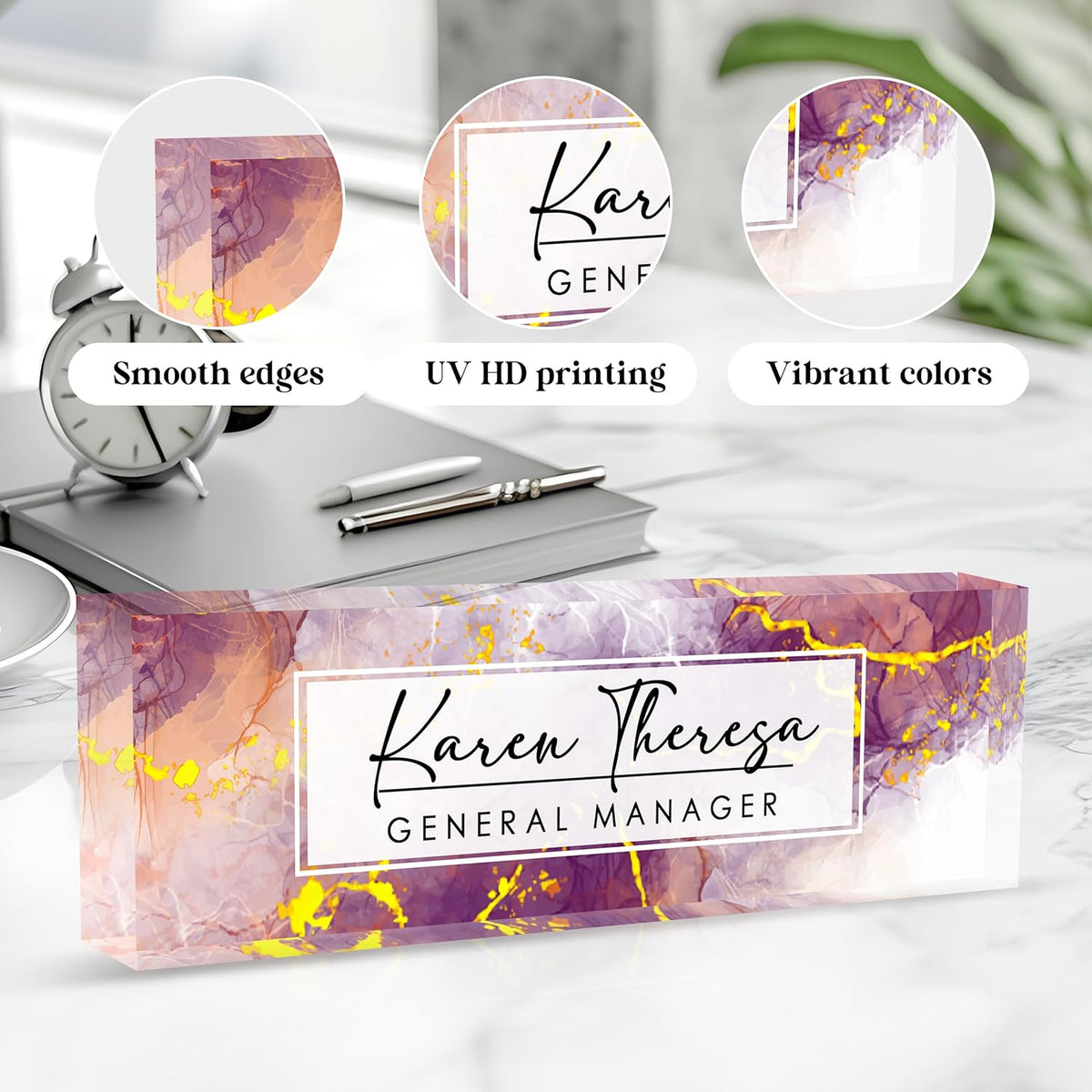 Custom Office Name Plate, Personalized Gifts for Women & Employees, Office Desk Accessory (Purple Marble)