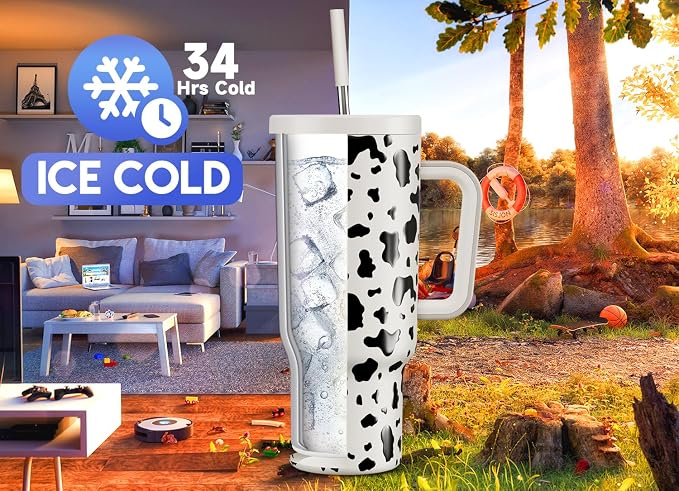 Meoky 40 oz Tumbler with Handle and Straw, Tumbler with Lid and Straw, Insulated Stainless Steel Travel Mug, 100% Leak-proof, Keeps Cold for 34 Hours or Hot for 10 Hours (Cow)