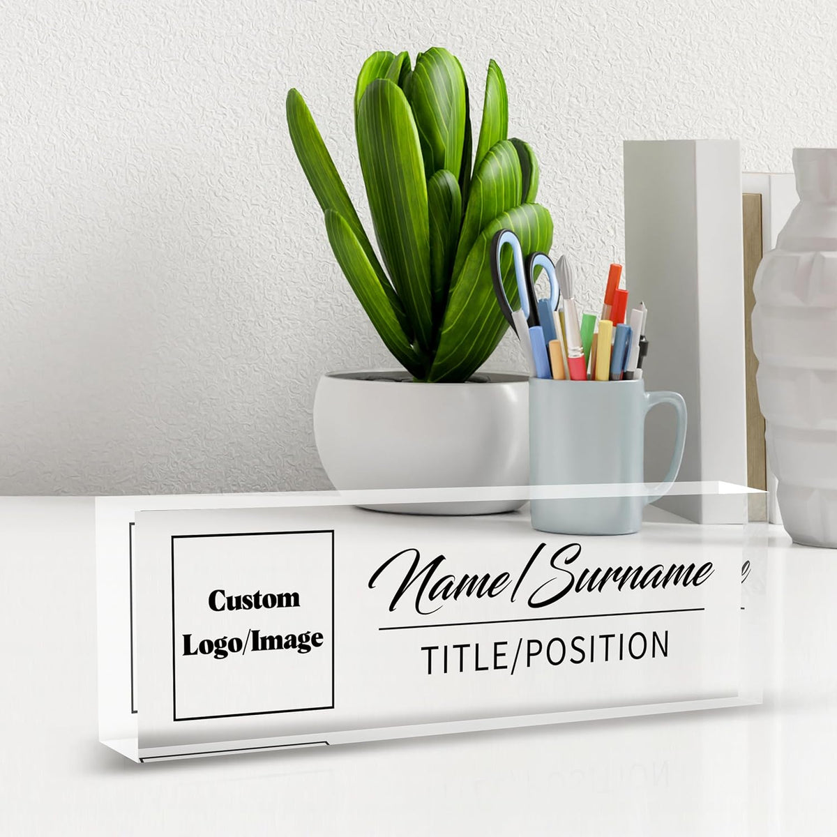 Name Plate for Desk, Custom Logo Desk Name Plate Personalized, Custom Acrylic Name Plate for Office Desk Decor, Employee Appreciation Gifts The Office Gifts for Men and Women with Image and Text