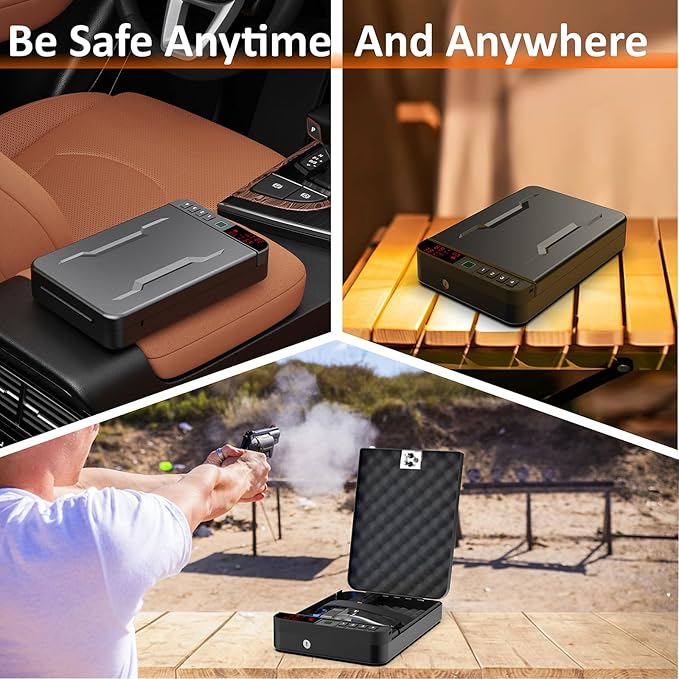 Portable Gun Pistol Safe with LCD Display of Temp, Biometric Fingerprint