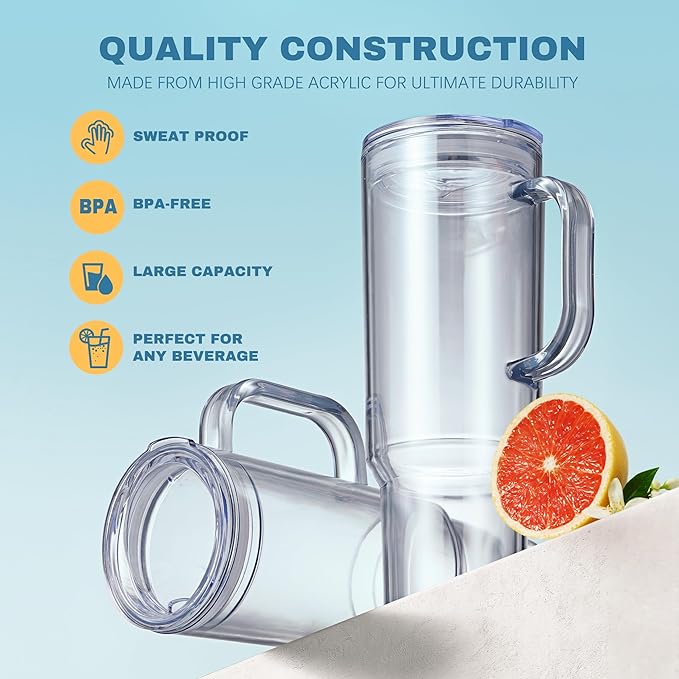 MEWAY 40 oz Acrylic Tumbler with Handle and Straw Lid，Double Wall Vacuum Reusable plastic Water Bottle Travel Mug Cup，Classic Tumblers Cupholder Friendly (4 Pack)