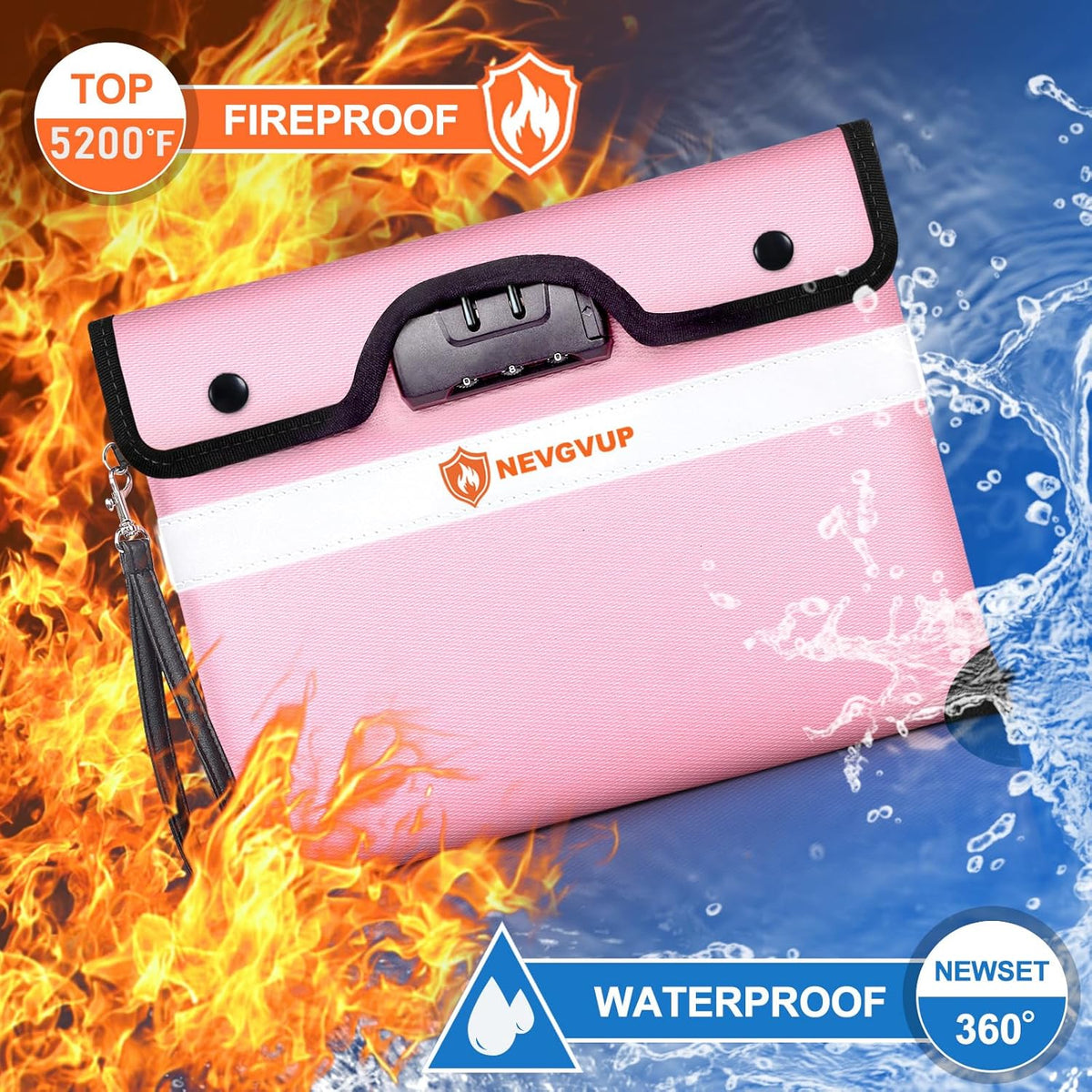 Upgraded 6200°F Fireproof Money Bag with Lock, Fireproof Bag w. Zipper/Reflective Strip, 9 Layers of Heat Insulated Material, Water Resistant Fire Proof Money Bag for Cash, Fire Bag for A5 documents