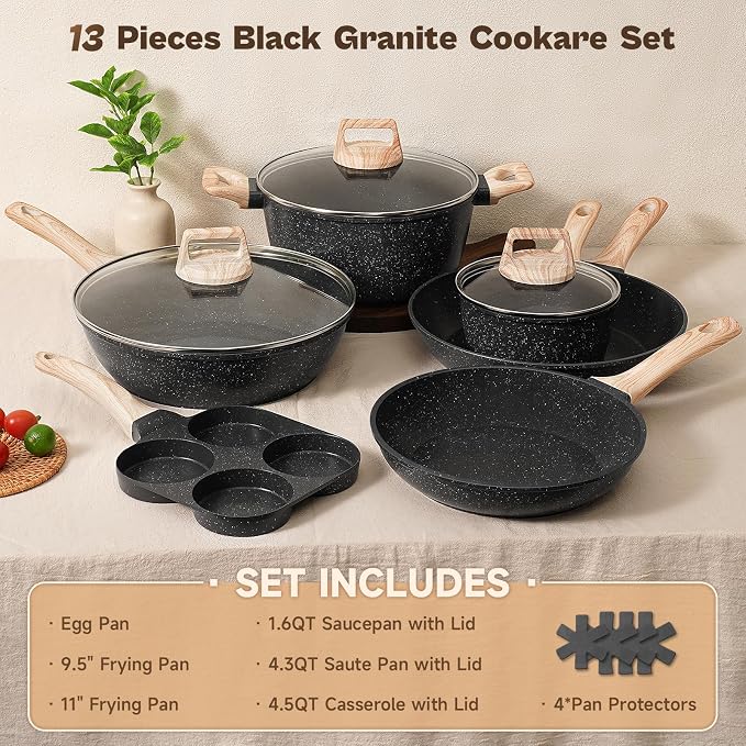 13 Pcs Pots and Pans Set, Nonstick Cookware Sets Black Granite Induction