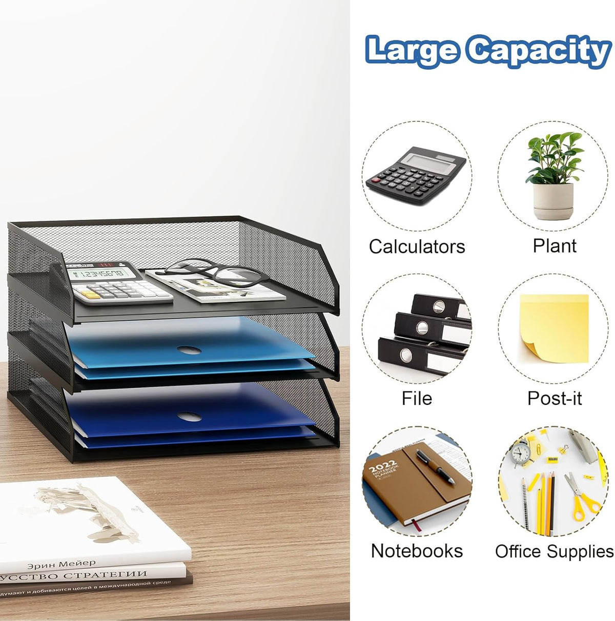 Natwind 3-Tier Stackable Paper Tray, Metal Mesh Desktop Organizer, A4 Desk Organizer, Stackable Letter Trays, File Folder Sorter Organizer with Sliding Tray for Home, Office, School (Black)