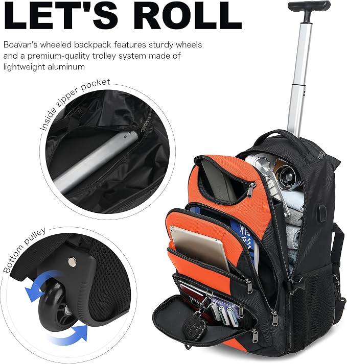 Boavan Rolling Backpack, 17 inch Water Resistant Wheeled Backpack, Carry on