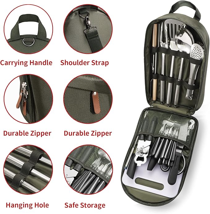 Portable Camping Kitchen Utensil Set-27 Piece Cookware Kit, Stainless Steel