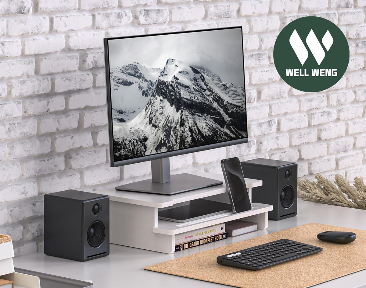 Monitor Stand Monitor Stand Riser for Desk,Wood Desk Shelf Storage Organizer with Phone Tablet Holder (16.5 Inch, White)