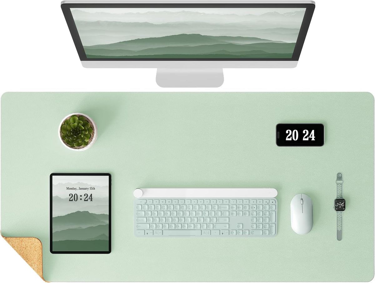 Aothia Double-Sided Desk Pad – 37.8"x17" Leather Desk Mat with Eco Cork Protector, Large Mouse Pad, Waterproof Desk Blotter for Office/Home (Aqua)