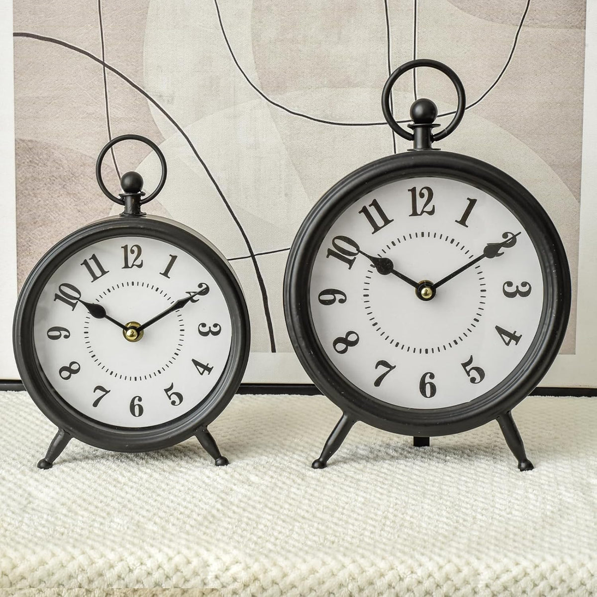 Vintage Non-Ticking Black Table Clock with Stand, Decorative Clock for Desk and Shelf, Rustic Farmhouse Style Mantel Timepiece