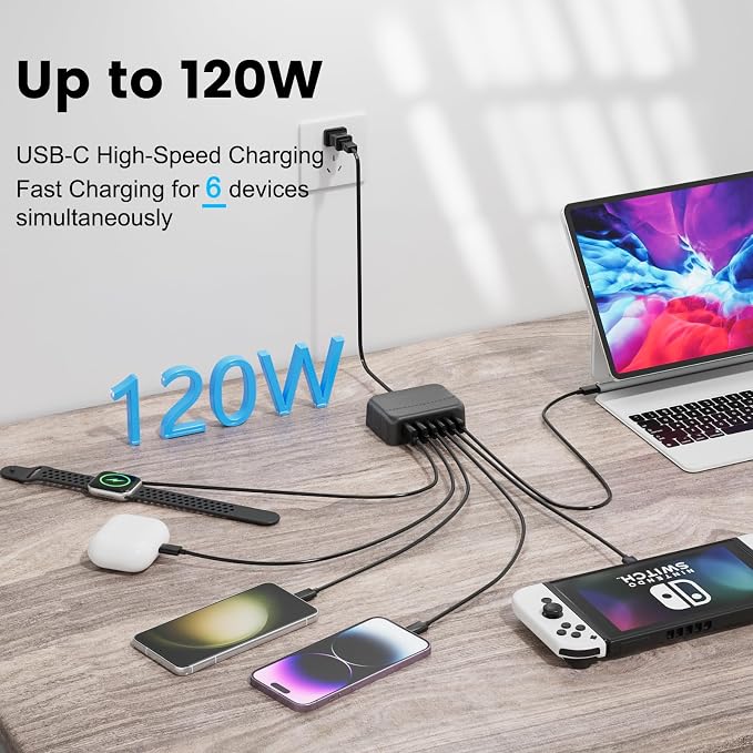 USB C Charger, BURUDU 120W 6 Port USB C Charging Station, Portable PD Fast USB