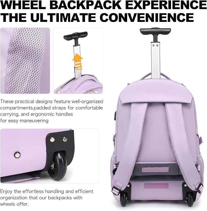 Boavan Rolling Backpack for Women, 17.3 Inch Wheeled Laptop Backpack, Large