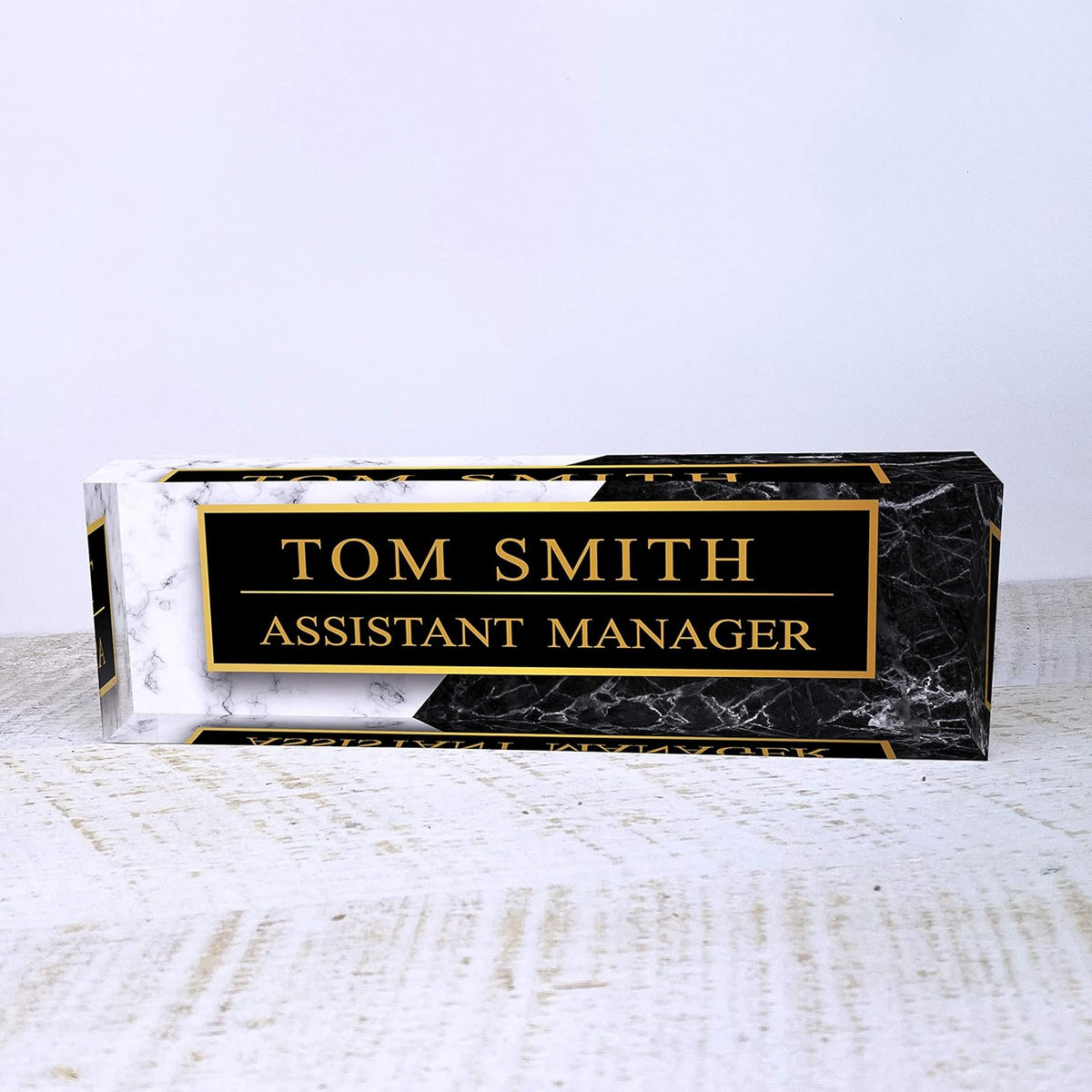 Artblox Personalized Office Desk Name Plate and Business Card Holder | Clear Acrylic Glass with Teak Wood Stand | Black White Marble Design Customized with Your Name and Credentials Office Desk Decor