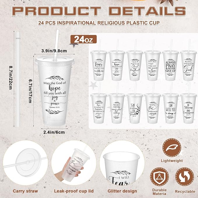 Havawish 24 Pcs Mothers Day Christian Tumbler Gift Bulk Religious Inspirational 24 oz Drinking Jesus Cup with Lid Straw Bible Verse Plastic Cup for Church Father Teacher First Communion (Clear)