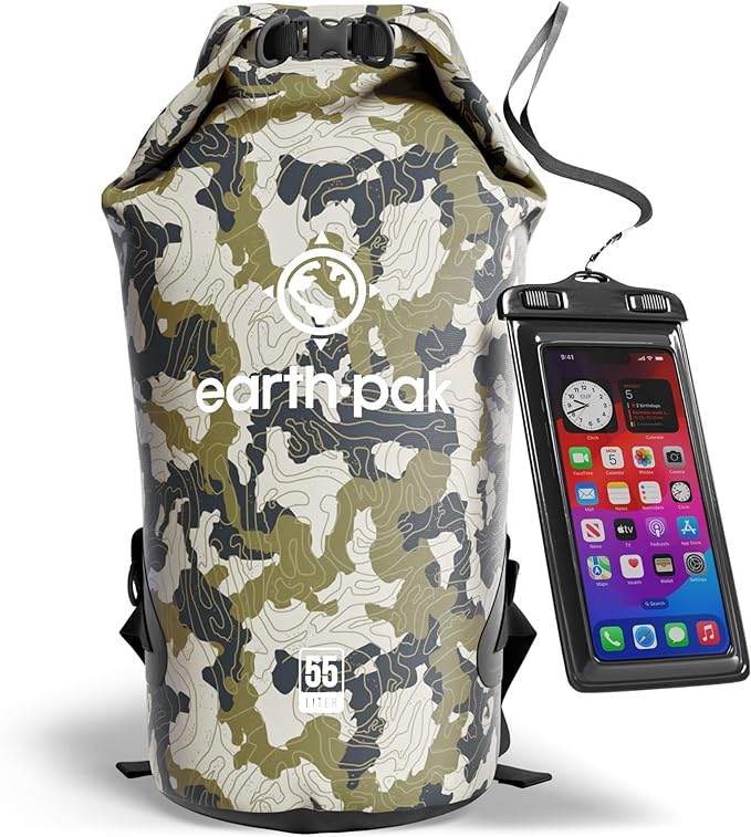 Earth Pak Waterproof Dry Bag - Roll Top Waterproof Backpack Sack Keeps Gear Dry for Kayak with Waterproof Phone Case