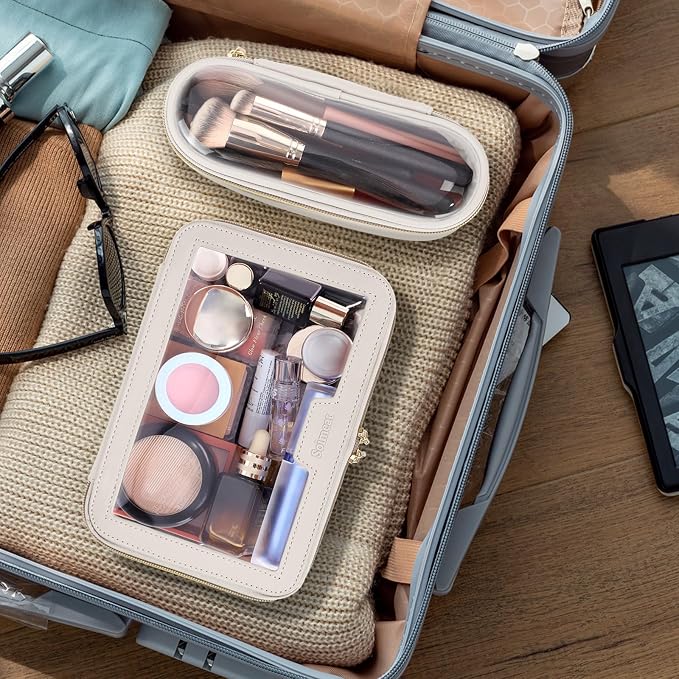 Travel Clear Makeup Bag with Makeup Brush Bag, Leather Makeup Case Toiletry Bag