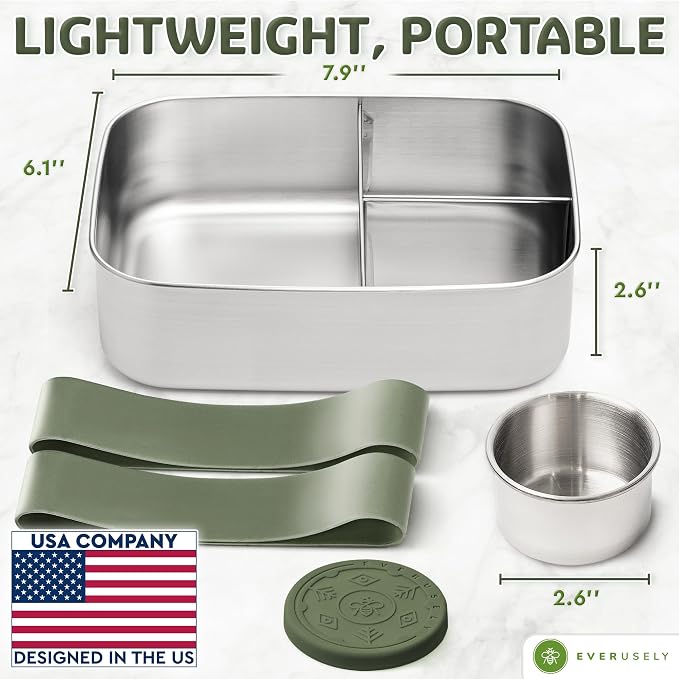 Everusely - Bento Box - Sage, 47oz / 1.4 L - Stainless Steel Lunch Box - 3