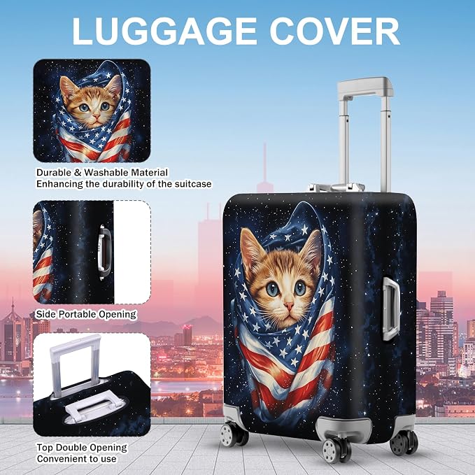 ANNA QUEEN Cute Patriotic Cat Luggage Cover, American Flag Suitcase Protector