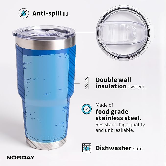 NORDAY | Tumbler with Lid - 30oz - Blue Insulated Tumbler - Stainless Steel