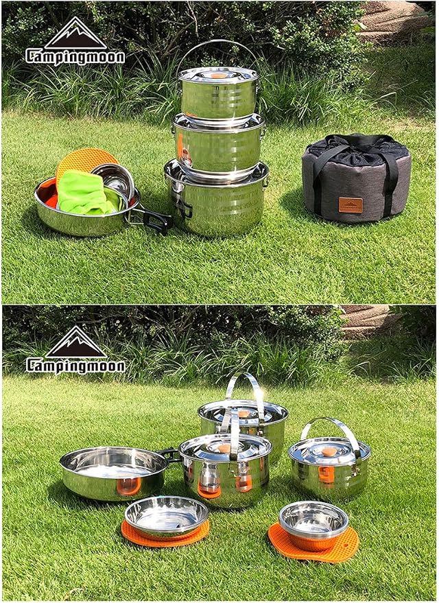 CAMPINGMOON Camping Cookware Set Stainless Steel Outdoor Nesting Cooking Mess