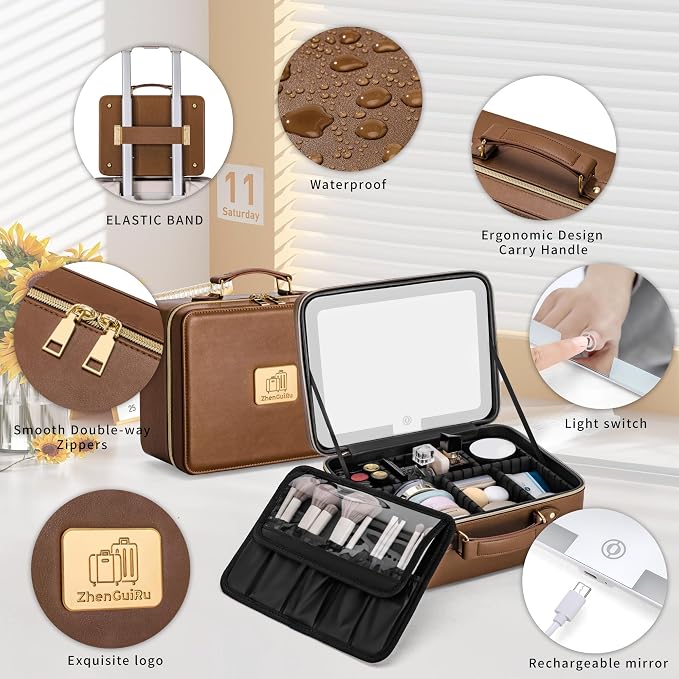 Makeup Bag with LED Mirror & Magnifier, Large Cosmetic Organizer Travel Makeup