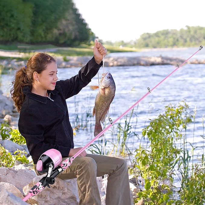 ODDSPRO Kids Fishing Pole Pink, Portable Telescopic Fishing Rod and Reel Combo